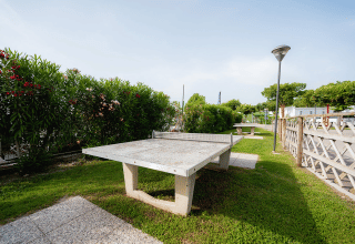 Mesa de ping pong al aire libre entre vegetación en Campeggio del Garda, parque vacacional en Véneto, Italia.