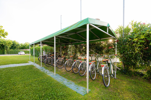 Abri à vélos avec vélos de location sous auvent vert à Campeggio del Garda, Vénétie, Italie.