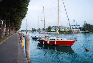 Sailboats docked along the waterfront at Campeggio del Garda with promenade and trees in Veneto, Italy.