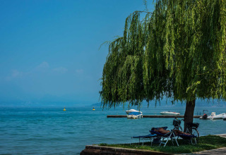Zonnige dag bij het meer op Campeggio Gasparina, Veneto, Italië. Man rust onder een boom met boten op de achtergrond.