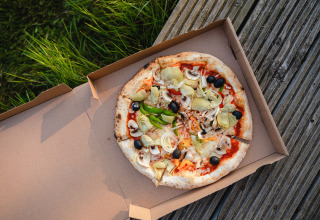 Vegetarische pizza met olijven, artisjokken en champignons in doos op houten terras naast wat gras.
