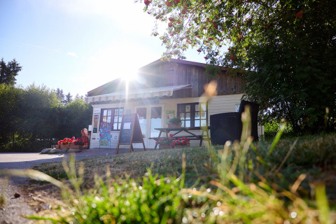 Parc de vacances ensoleillé avec un petit bâtiment bois, fleurs et verdure à Grand Est, France, vue basse.