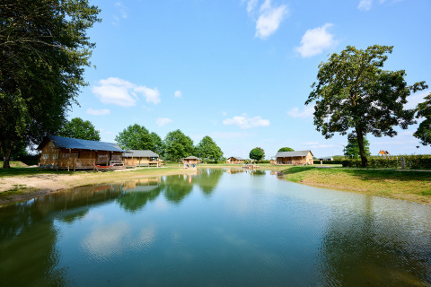 Parque de vacaciones Camping Betuwe en Gelderland, Países Bajos, con cabañas junto a un estanque soleado.