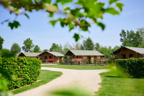 Gemütliche Campinghütten im Grünen beim Ferienpark Camping Betuwestrand in Gelderland, Niederlande.