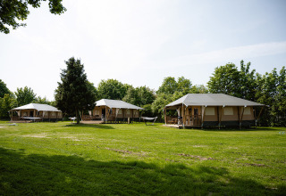 Moderne glamping telte på en grøn campingplads i solen ved Camping Borken am See, Nordrhein-Westfalen.