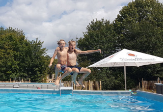 To drenge hopper sammen ned i en swimmingpool på Camping Borken am See i Nordrhein-Westfalen, Tyskland.