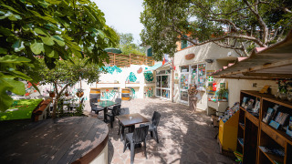 Bonita terraza exterior con mesas, sillas y vegetación en Camping Casa dei Prati en la Toscana, Italia.