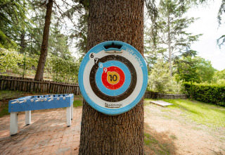 Blauw-wit schietschijf aan een boom in Camping Colleverde, Toscane, met tafelvoetbal in de tuin.