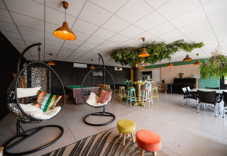 Area lounge moderna con sedie sospese, sgabelli colorati e piante al Camping de Molenhoek nei Paesi Bassi.