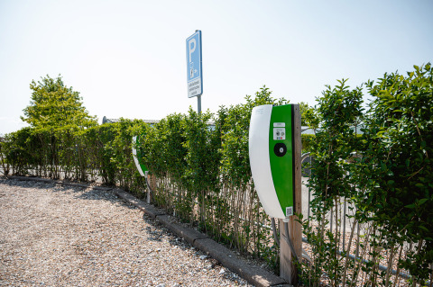 Ladestationen für Elektroautos am Parkplatz mit Hecken bei Camping de Molenhoek in Zeeland, Niederlande.