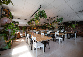 Ampia sala da pranzo moderna con tavoli in legno, sedie bianche e nere e piante sospese a Camping de Molenhoek.