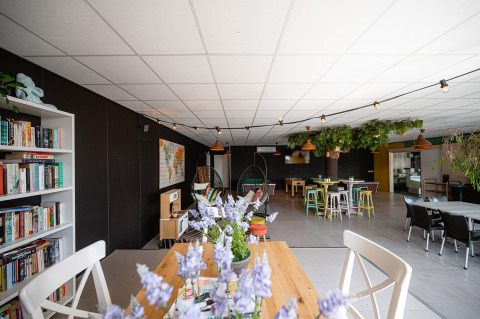 Salon commun lumineux au Camping de Molenhoek, Zélande, Pays-Bas, avec livres, plantes et décoration.