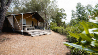 Tienda safari Villatent Wood en Camping Casa dei Prati en Italia, rodeada de árboles y vegetación.