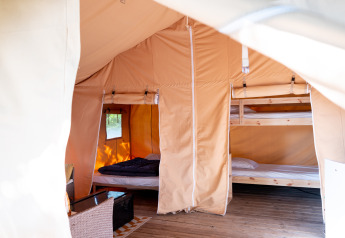 Interior view of a Safari tent with wooden floor, bunk beds, and cozy sleeping area, window sunlight.