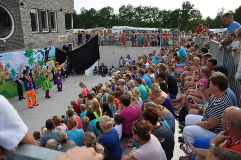 Publiek geniet van een kleurrijke kindershow op Camping de Papillon in Overijssel, Nederland.