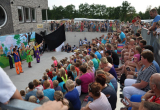 Publiek geniet van een kleurrijke kindershow op Camping de Papillon in Overijssel, Nederland.
