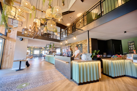 Recepción de Camping de Papillon en Overijssel, Países Bajos, con decoración moderna y luminosa