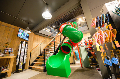 Groene glijbaan en trap in een winkel op Camping de Schatberg vakantiedomein in Limburg, Nederland.