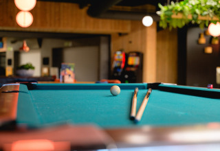 Tavolo da biliardo con due stecche e una palla al Camping de Schatberg, villaggio in Limburgo, Paesi Bassi.