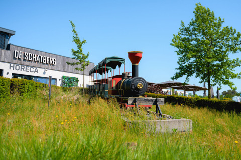 A colorful toy train stands in front of De Schatberg holiday park in Limburg, Netherlands, on a sunny day.