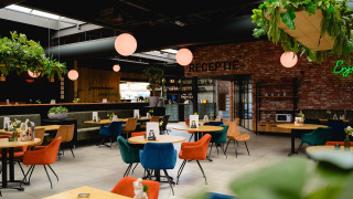 Interior moderno de restaurante en Camping de Schatberg, Limburg, Países Bajos, con sillas y plantas coloridas.
