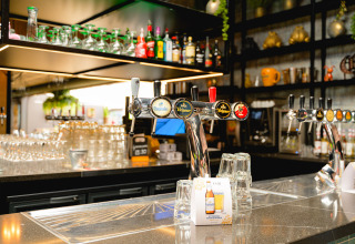 Zona bar al Camping de Schatberg nel Limburgo, Paesi Bassi, con diverse birre alla spina e bicchieri pronti.