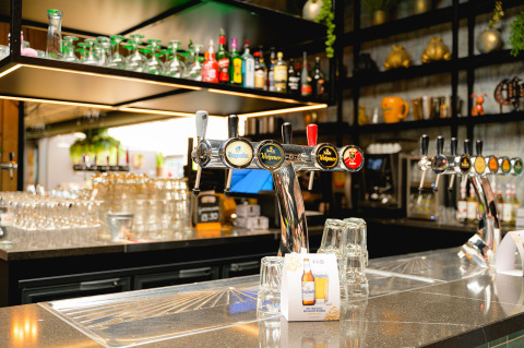 Zona de bar en Camping de Schatberg en Limburg, Países Bajos, con grifos de cerveza y vasos variados preparados.