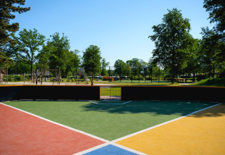 A colorful sports field and playground at Camping de Schatberg, Limburg, Netherlands, surrounded by green trees.