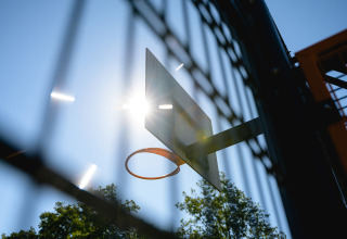 Zonlicht door een basketbalring bij Camping de Schatberg, Limburg, Nederland vanuit laag perspectief.