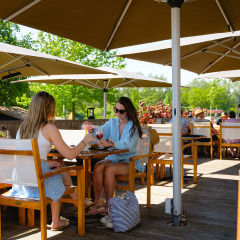 Dos mujeres disfrutan de bebidas en una terraza soleada bajo sombrillas en Camping de Schatberg, Limburg.