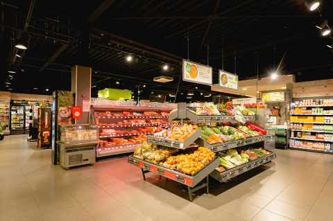 Fresh produce and dairy section inside the supermarket at Camping de Schatberg holiday park in Limburg, Netherlands.