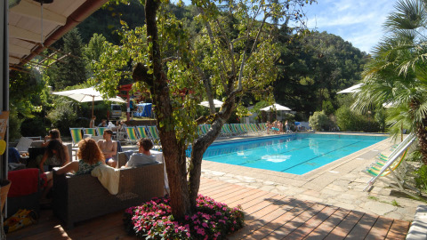 Zona de piscina al aire libre con huéspedes, tumbonas y sombrillas rodeadas de vegetación en Camping Delle Rose.