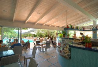 Espace café intérieur avec vue sur la piscine, clients détendus au Camping Delle Rose, Ligurie, Italie.