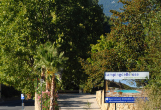 Vrouw wandelt naar Camping Delle Rose in Ligurië, Italië, omgeven door bomen en bergen op de achtergrond.