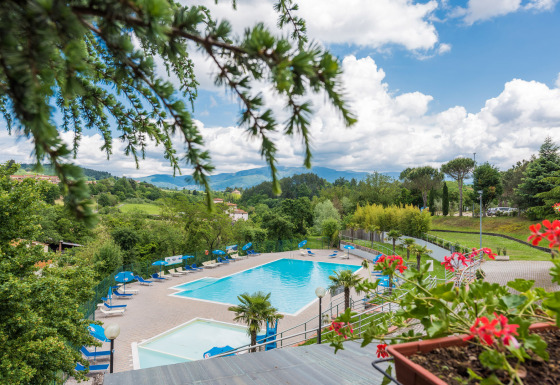Zwembad met ligbedden en zicht op het Toscaanse landschap bij Camping Il Poggetto, Italië.