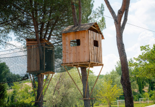 Boomhutten met verbindingsbrug in Camping Il Poggetto, een vakantiepark in Toscane, Italië, omgeven door groen.