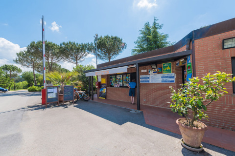 Reception di Camping Il Poggetto in Toscana, Italia, con ospiti, biciclette, cartelli e vegetazione rigogliosa.