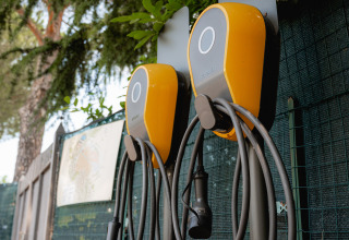 Twee gele laadpalen voor elektrische wagens aan Camping Il Poggetto, een vakantiepark in Toscane.