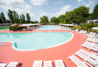 Udendørs swimmingpool med liggestole og parasoller på Camping La Chiocciola, feriepark i Toscana, Italien.