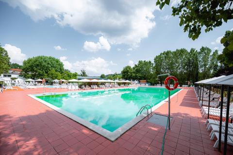 Piscina all'aperto con lettini, ombrelloni e alberi verdi presso Camping La Chiocciola in Toscana, Italia.