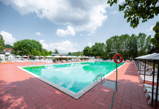 Buitenzwembad met ligstoelen, parasols en bomen op Camping La Chiocciola in Toscane, Italië.