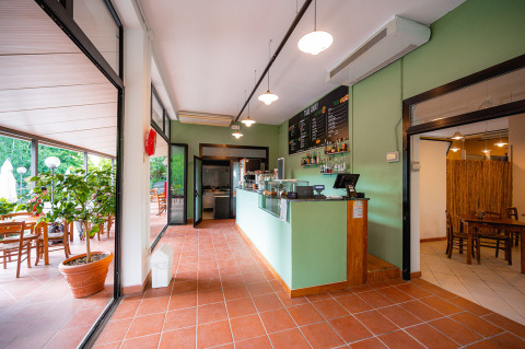 Recepción y área de bar en Camping La Chiocciola, parque vacacional en la Toscana, Italia, con plantas verdes.