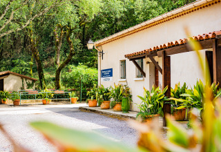 Ingresso del Camping La Clémentine, parco vacanze in Occitania, Francia, circondato da piante verdi e alberi.