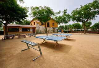 Buiten tafeltennistafels en zitbanken onder bomen bij Camping La Masia vakantiepark in Catalonië, Spanje.
