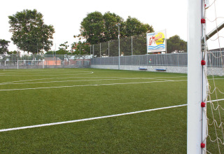 Voetbalveld op Camping La Masia vakantiedomein in Catalonië, Spanje, met groene grasmat en doel.