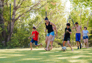 A group of people play soccer on green grass under trees at Camping La Presqu’île, Provence-Alpes-Côte d’Azur.