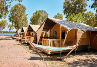 Tentes de glamping avec hamacs au Camping Laguna Blu en Sardaigne, Italie, alignées près d'arbres et d'une allée.