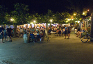 Scena serale all'aperto con persone che mangiano e bevono sotto gli alberi al Camping Le Canigou, Occitania.