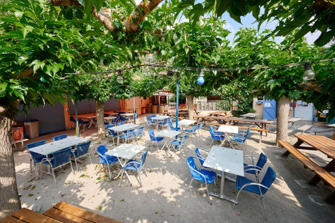 Zona de comedor exterior en Camping Le Canigou, Occitania, Francia, con mesas, sillas azules y árboles.