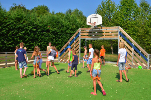 Niños juegan juntos en un campo verde con una canasta de baloncesto en Camping Le Coin Tranquille, Francia.